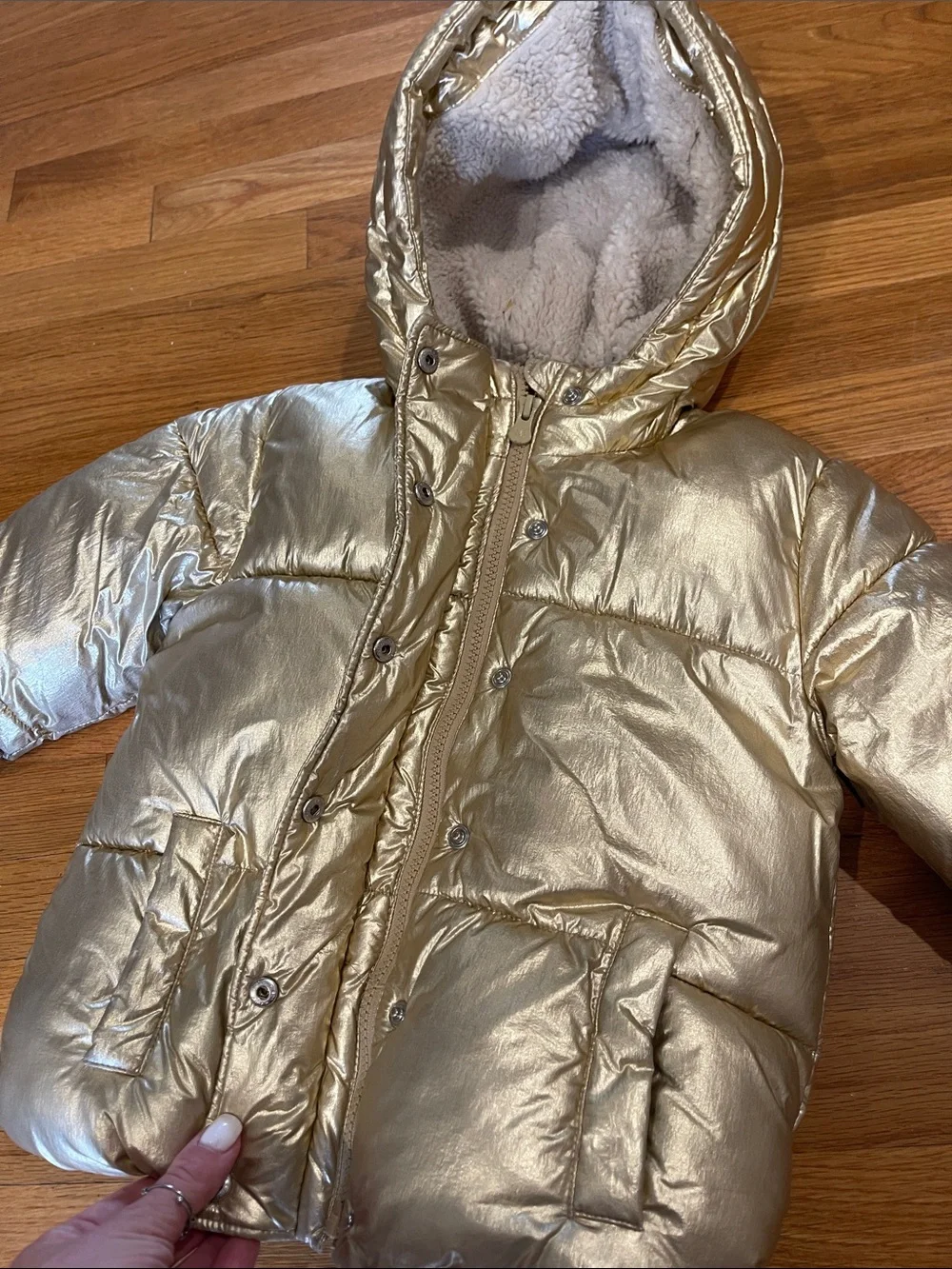 GAP Metallic Gold Kids Puffer Jacket with Sherpa Hood